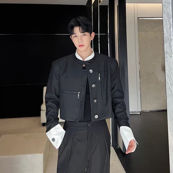 2023 Модная Корейская Весенняя Новая Мужская куртка в стиле Пэчворк Контрастного цвета, Индивидуальность, Короткий Стиль, Черные Повседневные Короткие Куртки