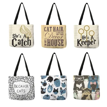 Женская сумка-тоут с милым кошачьим принтом, индивидуальная льняная сумка, складные многоразовые сумки для покупок, дорожная школьная сумка через плечо