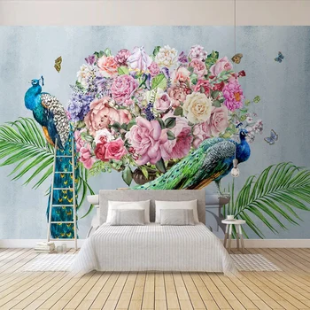 Пользовательские 3D Обои Винтажная Пасторальная Фреска с Павлином и цветочным растением 3D Фон дивана для гостиной Украшение стен Фотообои