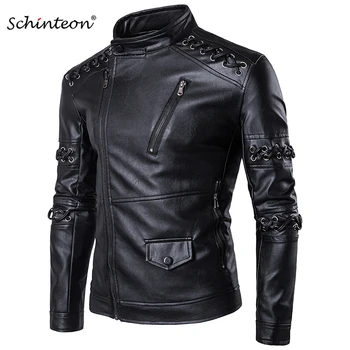 M-5XL, черная мужская куртка из искусственной кожи, воротник-стойка, вязаный шнурок, мотоциклетная одежда, пальто, верхняя одежда