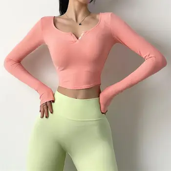 Весенне-летний женский спортивный топ с V-образным вырезом, сексуальная одежда для фитнеса, эластичные быстросохнущие дышащие колготки с длинными рукавами, Короткая одежда для йоги