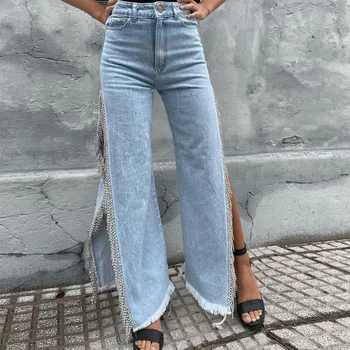 Женская одежда 2023, новые женские джинсы, сексуальные выстиранные свободные брюки с высокой талией, джинсы с разрезом, женские
