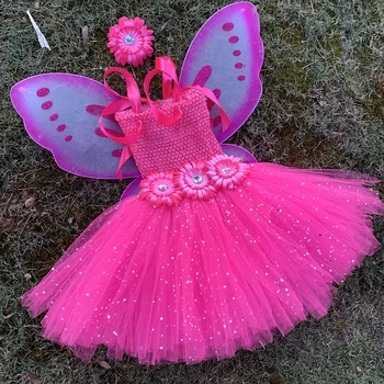 Розовое блестящее фатиновое платье-бабочка для маленьких девочек, сказочное платье-пачка, детская одежда, детские костюмы на день рождения, Хэллоуин, Рождество