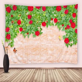 Садовая стена Кирпичный Цветочный гобелен Природные пейзажи Красная роза Бабочка Зеленый лист Настенные гобелены Спальня Гостиная Дом