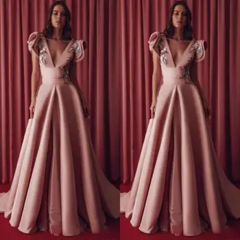 Розовые платья для выпускного вечера 2020 с вышивкой, Трапециевидное вечернее платье с глубоким V-образным вырезом и оборками на рукавах, Атласные вечерние платья Vestidos de fiesta