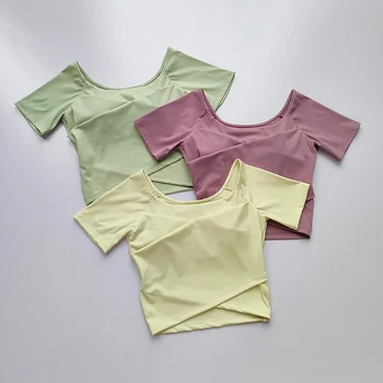 2023 Новые женские спортивные рубашки с подкладкой, однотонный топ для тренировок, Эластичные рубашки для йоги, бега, дышащие футболки с коротким рукавом