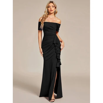 Черное Плиссированное Вечернее Платье Slim Fit с Открытыми Плечами и Коротким Рукавом 
