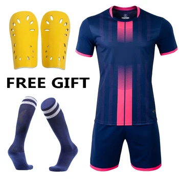 Комплект детских футбольных футболок, футбольная одежда для девочек, Мужская футбольная форма для мальчиков, бесплатные футбольные щитки для голени, накладки с носками