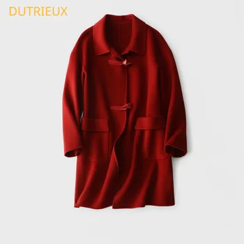 Женская двусторонняя дубленка DUTRIEUX 2023 с пуговицами Zongzi - Модное и удобное зимнее пальто средней длины