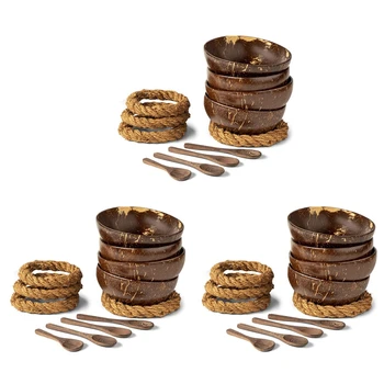 Кокосовые миски с ложками и подставками - Набор из 12 миск из скорлупы кокосового ореха + Деревянные ложки и держатели без колебаний для салата