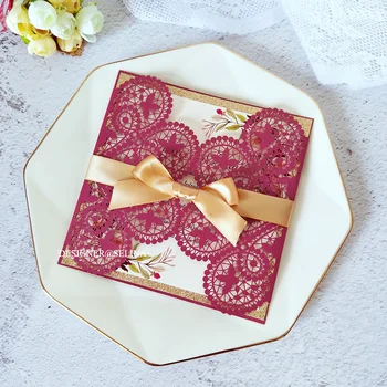 Кружевное приглашение на свадьбу со вставкой из розового золота с блестящим цветочным принтом и лентой Бордовые открытки ручной работы, вырезанные лазером для вечеринки по случаю дня рождения
