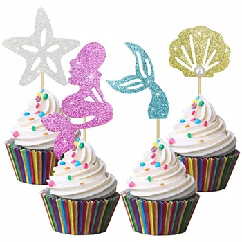 Декор торта на день рождения в стиле Русалки 24ШТ В виде ракушки Морской звезды Хвост Русалки Кекс Детский душ Под водой Топперы для кексов Русалки