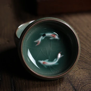 Китайский Лунцюаньский фарфор цвета морской волны, фарфоровая Чайная чашка с блюдцем, Чайная чаша с Золотой Рыбкой, 60 мл, хрустящая чайная чашка из морской волны