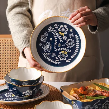 Японская кружевная чаша тарелка обеденная тарелка бытовая коммерческая духовка креативная керамическая милая подглазурная цветная тарелка кружевная чаша