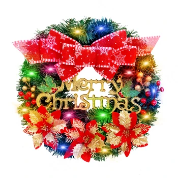 Рождественский венок со светодиодными искусственными цветами, гирлянда из красных ягод, подвесные украшения для входной двери, настенные украшения, подвеска в виде Рождественской елки