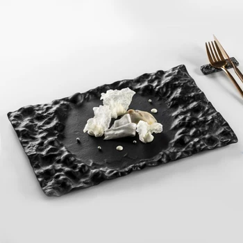 Креативная ресторанная тарелка, черная керамическая западная тарелка, Волнистая прямоугольная Внутренняя круглая плоская тарелка, Десертная тарелка, кухонные принадлежности