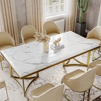 Кухонный Мраморный обеденный стол, Обеденный Обеденный стол в гостиной, Каменный стол с прямоугольной столешницей, золотые ножки из нержавеющей стали, Современный