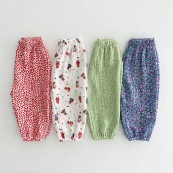 Летние свободные брюки от комаров 2023 года, винтажные брюки-фонарики с цветочным рисунком для девочек, тонкие дышащие мягкие брюки для домашней одежды для мальчиков