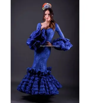 Королевско-голубые вечерние платья Русалки, кружевное платье для выпускного вечера в Испании для танцев с оборками, многоуровневая юбка, вечернее платье с длинными рукавами