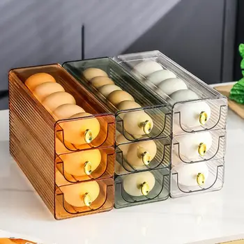Ящик Для Хранения Яиц С Яйцами Прозрачные Автоматические Раздвижные 3 Слоя Кухня Яйцо Лоток Для Холодильника Боковая Дверь Ежедневного Использования