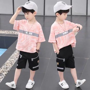 Детская одежда, летние костюмы для мальчиков, 2021 новый детский летний красивый корейский костюм-двойка с короткими рукавами для мальчиков в западном стиле
