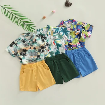 Летняя Одежда для малышей и мальчиков, комплекты из 2 предметов, рубашки с короткими рукавами на пуговицах с лацканами и однотонными короткими штанами