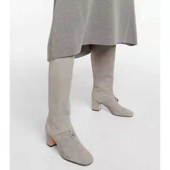 2022AutumnWinter новые кожаные кашемировые ботинки на среднем каблуке с круглым носком, Женские модные элегантные удобные высокие Сапоги в британском стиле