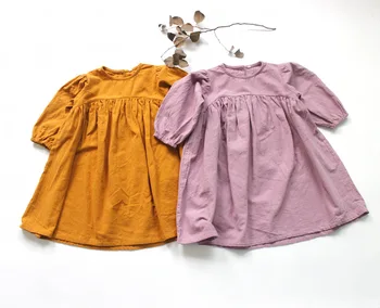 Осень-зима, новое хлопковое льняное платье для маленьких девочек в корейском стиле, однотонные свободные детские платья, детский халат