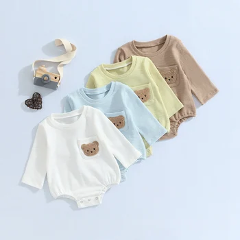 Летний Комбинезон для новорожденных девочек и мальчиков с вышивкой медведя на шее, короткий рукав, комбинезон на кнопках для малышей, 0-24 месяцев