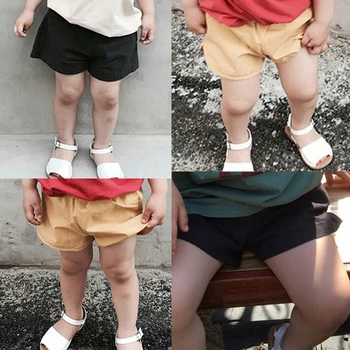 RK-149 Хлопковые повседневные шорты для мальчиков и девочек с эластичным поясом, однотонные шорты, летние детские пляжные шорты, спортивные брюки