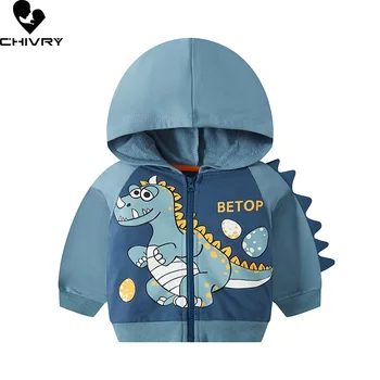 Модная куртка с капюшоном для мальчиков на весну-осень, новинка 2023 года, детские куртки с капюшоном и принтом динозавра из милого мультфильма на молнии