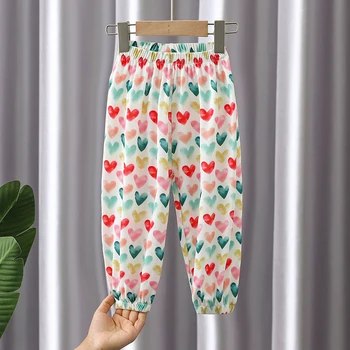 Штаны для маленьких девочек, брюки с рисунком сердечка, летние брюки для девочек, детская одежда в повседневном стиле