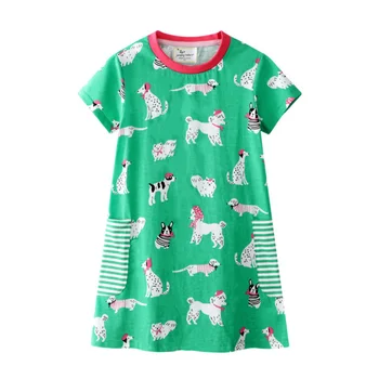Летние зеленые платья для девочек с короткими рукавами и принтом собак, детская одежда, платье для дня рождения, детский костюм
