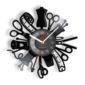 Швейная машина Инструменты для Квилтинга Виниловая пластинка Настенные часы Вывеска портного Швеи Современный Подвесной декор Часы Со светодиодной подсветкой для часов