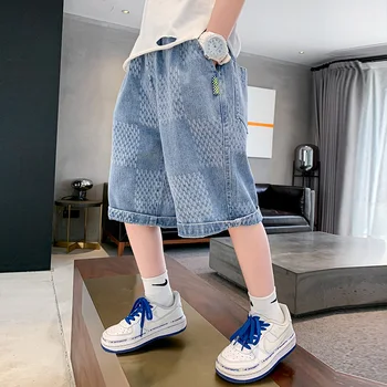 Летние джинсовые шорты для мальчиков-подростков, джинсовая одежда с эластичным поясом, Детская повседневная одежда 120-170 см