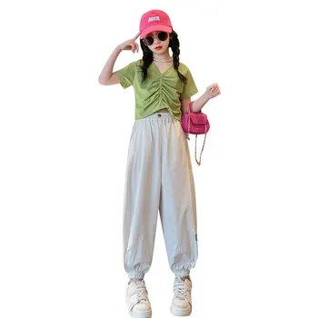 Комплект летней одежды для девочек, модная Детская одежда, Корейская уличная одежда, летний укороченный топ с V-образным вырезом и спортивные штаны, комплект для подростков