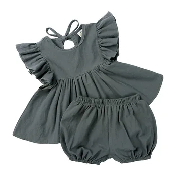 Летние детские комплекты с короткими рукавами для девочек, хлопковый льняной топ с тонкими рукавами и оборками + шорты, комплект из двух предметов, детская одежда