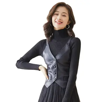 Новый модный женский весенний черный жилет из искусственной кожи с V-образным вырезом, широкий женский жилет