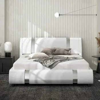 Каркас кровати-платформы King Size с роскошной обивкой из цельной искусственной кожи, подходит для спален, белый