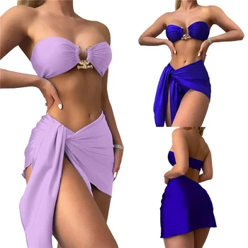 Женские летние комплекты бикини из 3 предметов, однотонный мини-бюстгальтер + Стринги с низкой талией + Бандажная юбка