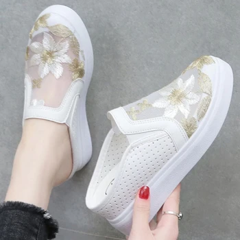 Женские тапочки с цветочной сеткой в корейском стиле, дышащая повседневная обувь на танкетке, Повседневные нескользящие сандалии для ходьбы с круглым носком, Zapato Mujer