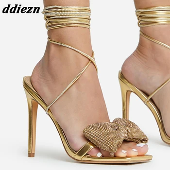 Новинка 2023 года, модные женские босоножки на высоком каблуке с бабочкой и перекрестной шнуровкой, женские туфли-лодочки, стразы, повседневная уличная женская обувь-сандалии