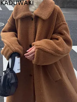 Японская винтажная зимняя одежда из смеси шерсти, женские простые однотонные свободные повседневные куртки с лацканами, универсальная верхняя одежда в стиле харадзюку