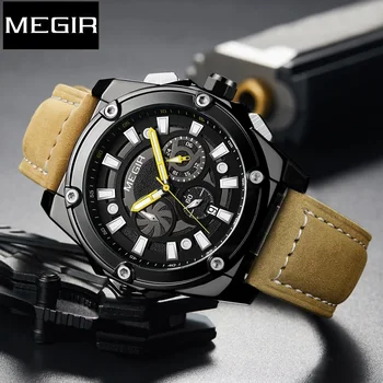 MEGIR Официальный Модный Новый мужской Топовый бренд, Роскошный светящийся хронограф, водонепроницаемые спортивные кварцевые наручные часы Relogio Masculino