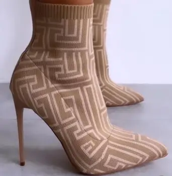 Женская обувь элитного бренда, сапоги с эластичными носками, осень-зима 2023, короткие сапоги на тонком каблуке, высокие каблуки, вязаные шерстяные носки