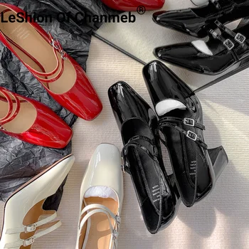 LeShion Of Chanmeb Женские туфли-лодочки Mary Janes из натуральной кожи на высоком каблуке с квадратным носком Женские туфли-лодочки с двойной пряжкой Размер 34-40