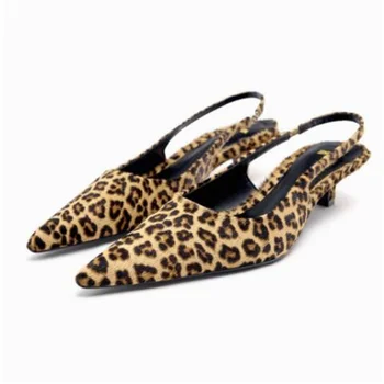 TRAF/ Женские леопардовые туфли на низком каблуке 2023, Летние туфли-лодочки с острым носком, Элегантные женские офисные туфли на высоком каблуке, Сексуальные вечерние туфли на каблуке