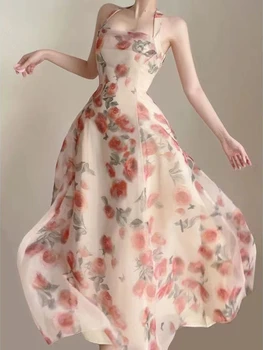 Сексуальное платье Миди без рукавов с цветочным рисунком, женское Французское элегантное вечернее платье, Офисное женское повседневное модное платье в пляжном стиле, лето 2023 г.
