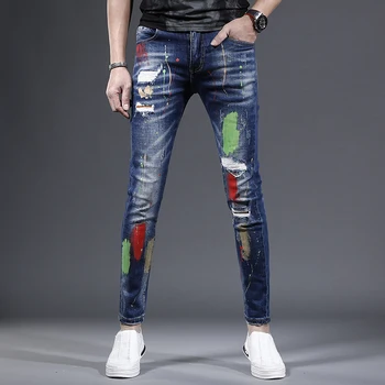 Летние синие рваные мужские джинсы Уличная одежда Slim Fit Брюки с рисунком в виде нашивок Джинсовые брюки CP2183