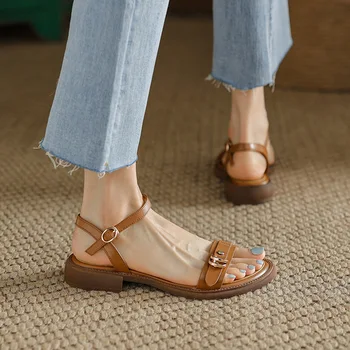 Женские летние пляжные сандалии в римском стиле на низком каблуке в стиле ретро с открытым носком и односложным ремешком, новинка 2023 года, римские пляжные сандалии в литературном стиле